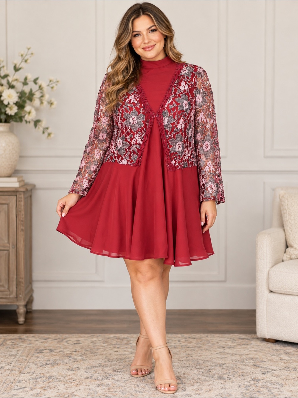 Altar’d State Red Lace Swing Dress Women’s L Long Sleeve Mock Neck Holiday